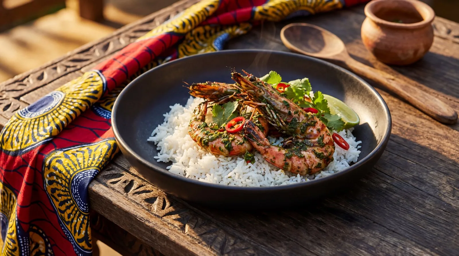 Tanzanian-Spiced Tiger Prawns with Chilli, Herb, and Lime