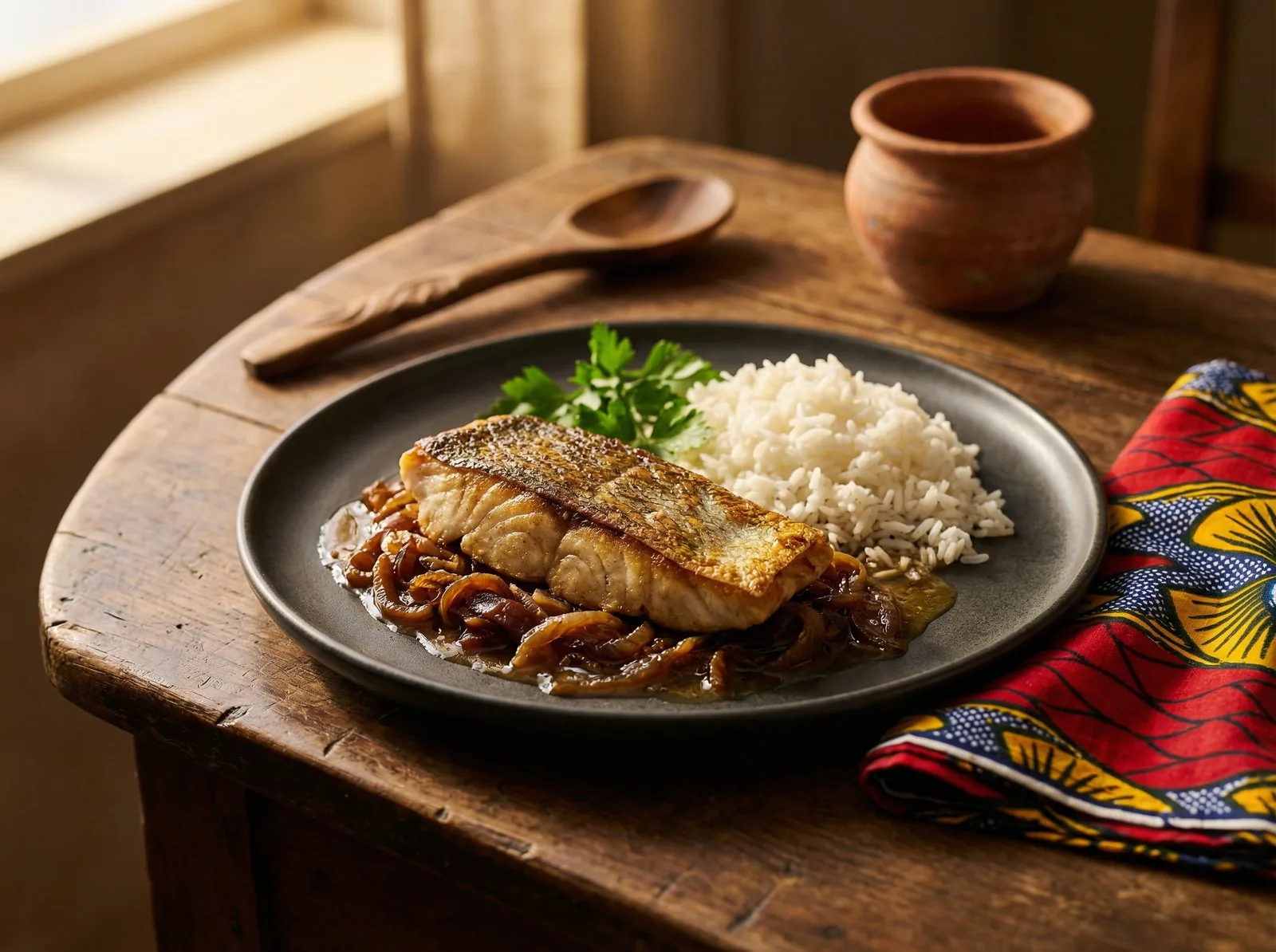 Pan-Seared Nile Perch with Caramelized Onion Yassa Sauce